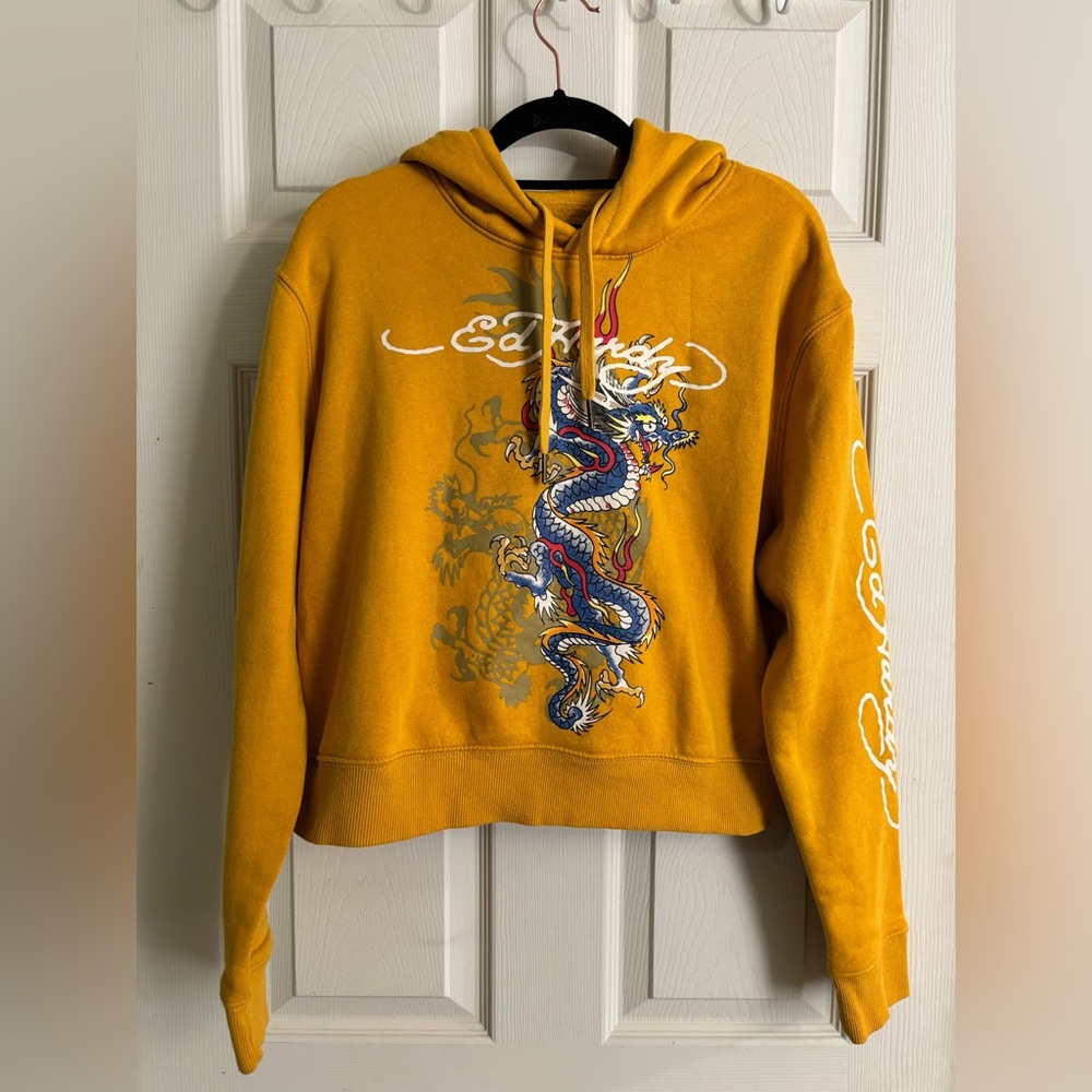 Ed Hardy Golden Yellow Cropped Flecce Lined Dragon Graphic Hoodie